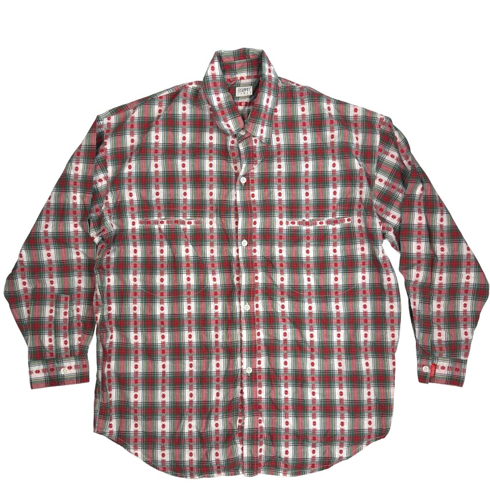 Esprit Vintage Cottagecore Plaid Mens Button Down Shirt Red Green Cotton